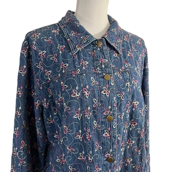 Leslie Fay Denim Shacket Floral Button Up Colorful Embroidery 100% Cotton Collar - Picture 5 of 13